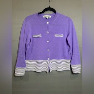 Barbara Lohmann 100% Cashmere Cardigan Purple Striped Hem Italy Size 36 (XS/S)